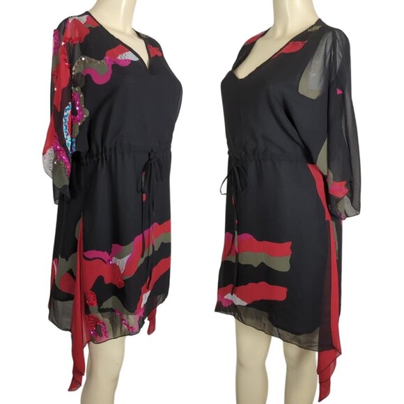 Silk Threads Sheer Black Tunic Dress Sz S With Abstract‎ Pattern Sequin Sleeve - Picture 2 of 16